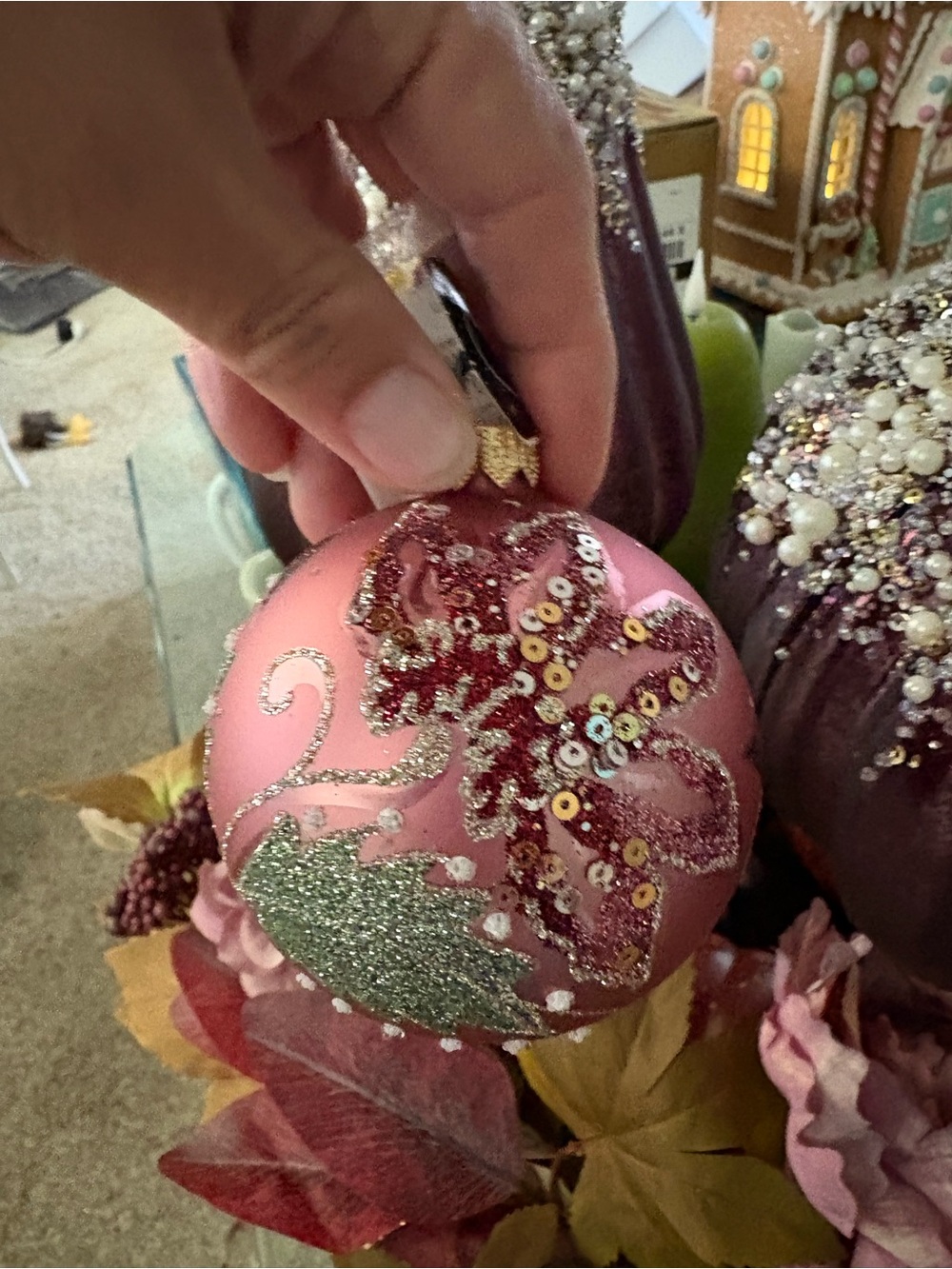 Set of 6 Hand-Painted Pink Floral Glass Ornaments
